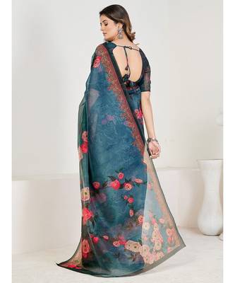 Teal & Pink Floral Organza Saree 2