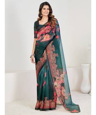 Teal & Pink Floral Organza Saree 1