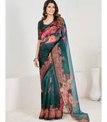 Teal & Pink Floral Organza Saree