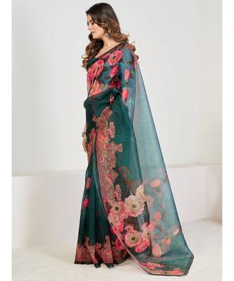 Teal & Pink Floral Organza Saree 3