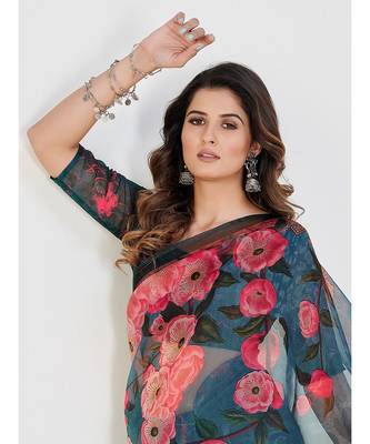 Teal & Pink Floral Organza Saree 4