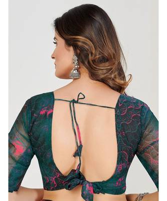 Teal & Pink Floral Organza Saree 6