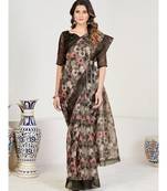 Black & Pink Ethnic Motifs Printed Organza Saree