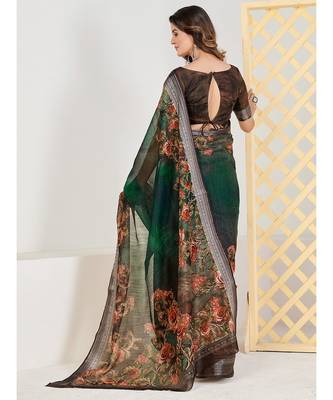 SHOPGARB Green and Brown Floral Linen Blend Saree 2