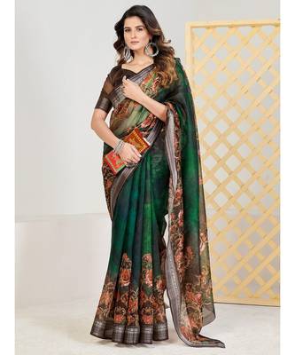 SHOPGARB Green and Brown Floral Linen Blend Saree 1