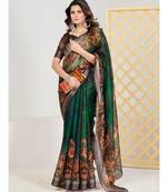 SHOPGARB Green and Brown Floral Linen Blend Saree