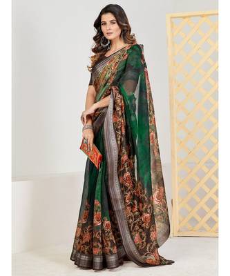SHOPGARB Green and Brown Floral Linen Blend Saree 3