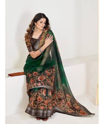 SHOPGARB Green and Brown Floral Linen Blend Saree 4