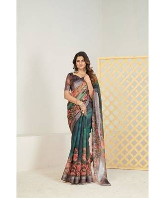 SHOPGARB Green and Brown Floral Linen Blend Saree 8