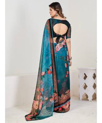 Teal Floral Georgette Printed Saree 2
