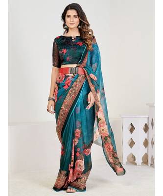 Teal Floral Georgette Printed Saree 1