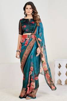 Teal Floral Georgette Printed Saree