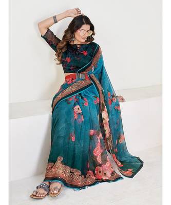 Teal Floral Georgette Printed Saree 3