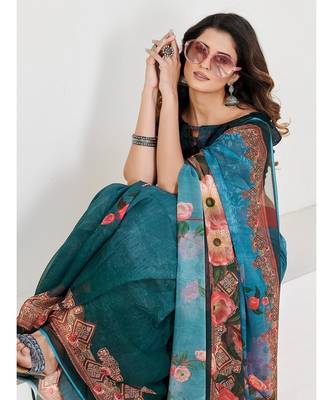 Teal Floral Georgette Printed Saree 4