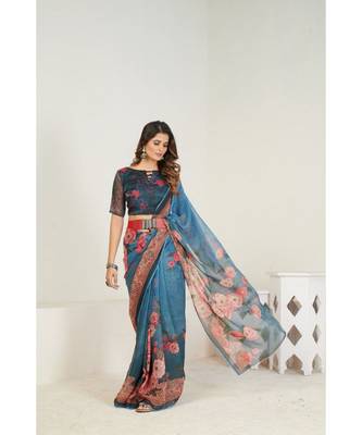 Teal Floral Georgette Printed Saree 7