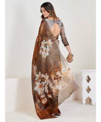 Coffee Brown & White Floral Organza Saree 2