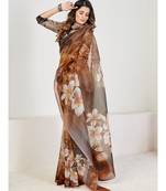 Coffee Brown & White Floral Organza Saree