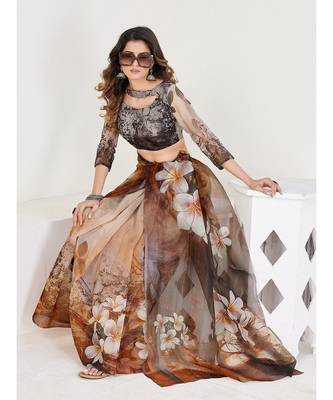 Coffee Brown & White Floral Organza Saree 3