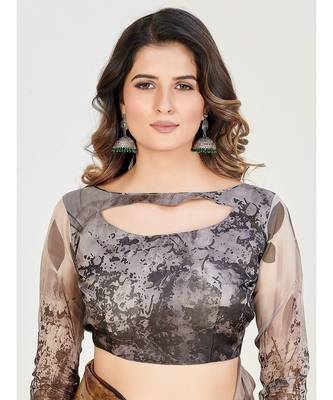 Coffee Brown & White Floral Organza Saree 5