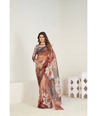 Coffee Brown & White Floral Organza Saree 8