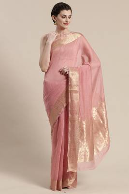 Sareemall Pink Festive Linen Blend Woven Design Saree With Unstitched Blouse 1