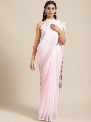 Sareemall Pink Casual Linen Printed Saree With Unstitched Blouse 1