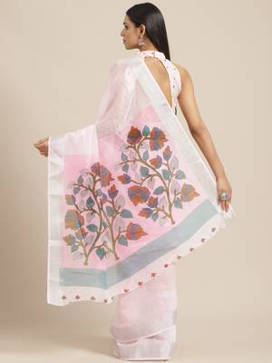 Sareemall Pink Casual Linen Printed Saree With Unstitched Blouse 2
