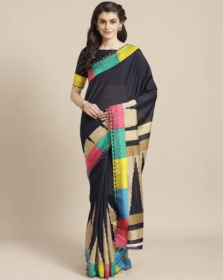 Sareemall Navy Blue Casual Silk Blend Printed Saree With Unstitched Blouse 1