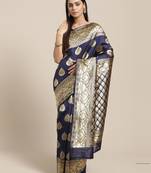 Sareemall Navy Blue Party Silk Blend Banarasi Saree With Unstitched Blouse
