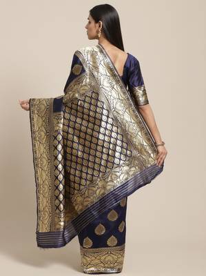 Sareemall Navy Blue Party Silk Blend Banarasi Saree With Unstitched Blouse 2