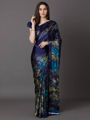 Sareemall Blue Festive Crepe Printed Saree With Unstitched Blouse 1