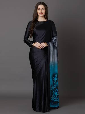 Sareemall Black & Blue Festive Crepe Printed Saree With Unstitched Blouse 1