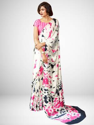 Sareemall Cream Festive Crepe Printed Saree With Unstitched Blouse 1