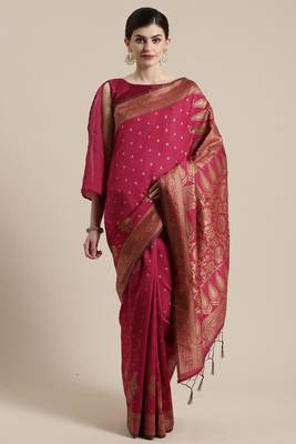 Sareemall Wine Festive Silk Blend Woven Saree With Unstitched Blouse 1