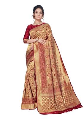 Sareemall Red & Maroon Festive Silk Blend Banarasi Saree With Unstitched Blouse 1