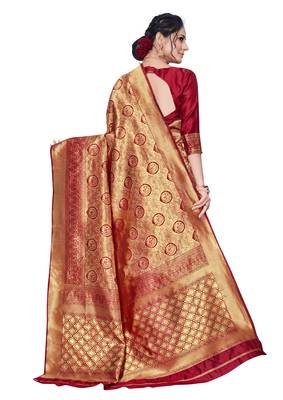Sareemall Red & Maroon Festive Silk Blend Banarasi Saree With Unstitched Blouse 2