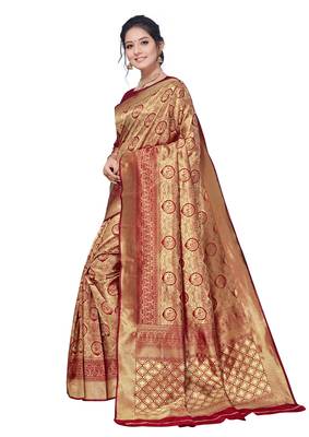 Sareemall Red & Maroon Festive Silk Blend Banarasi Saree With Unstitched Blouse 3