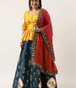 Plus Size Women Teal Satin Silk Embroidered Patch Semi-Stitched Lehenga & Unstitched Blouse with Dupatta