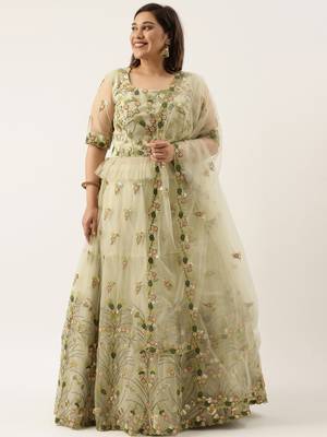 Plus Size Women Lime Green Net Embroidered Semi-Stitched Lehenga & Unstitched Blouse with Dupatta 1