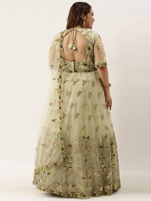 Plus Size Women Lime Green Net Embroidered Semi-Stitched Lehenga & Unstitched Blouse with Dupatta 2