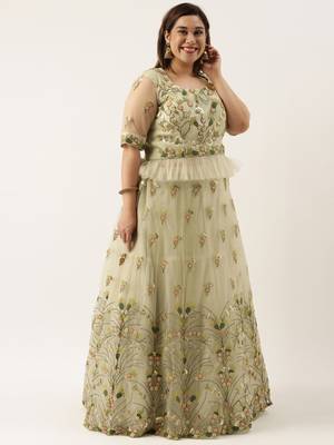 Plus Size Women Lime Green Net Embroidered Semi-Stitched Lehenga & Unstitched Blouse with Dupatta 3