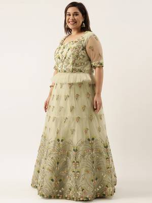 Plus Size Women Lime Green Net Embroidered Semi-Stitched Lehenga & Unstitched Blouse with Dupatta 4