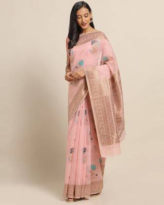 Sareemall Peach Party Pure Linen Silk Woven Saree With Unstitched Blouse 1