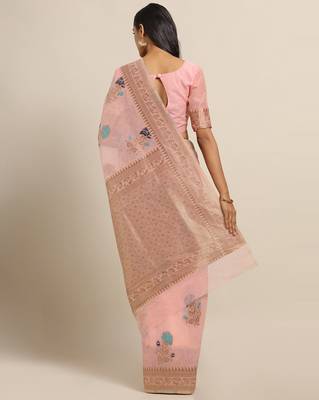 Sareemall Peach Party Pure Linen Silk Woven Saree With Unstitched Blouse 2
