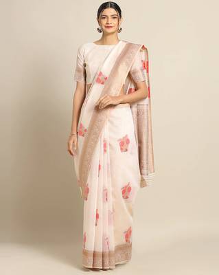 Sareemall Cream Party Pure Linen Silk Woven Saree With Unstitched Blouse 1