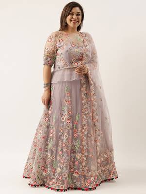 Plus Size Women Lavender Net Semi-Stitched Lehenga & Unstitched Blouse with Dupatta 1