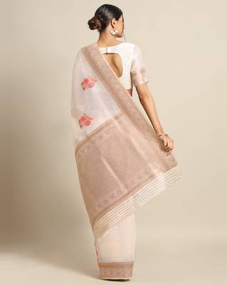 Sareemall Cream Party Pure Linen Silk Woven Saree With Unstitched Blouse 2