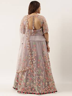 Plus Size Women Lavender Net Semi-Stitched Lehenga & Unstitched Blouse with Dupatta 2