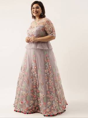 Plus Size Women Lavender Net Semi-Stitched Lehenga & Unstitched Blouse with Dupatta 3