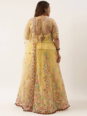 Plus Size Women Yellow Net Semi-Stitched Lehenga & Unstitched Blouse with Dupatta 2